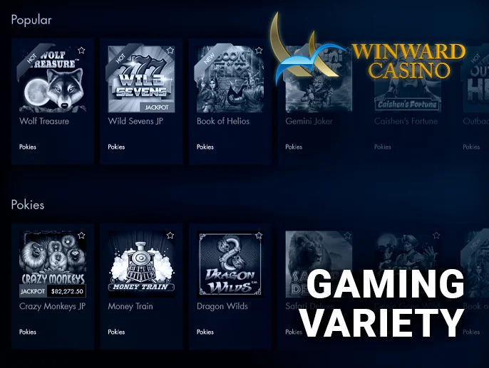 Gambling areas at Winward Casino display game icons for easy navigation.