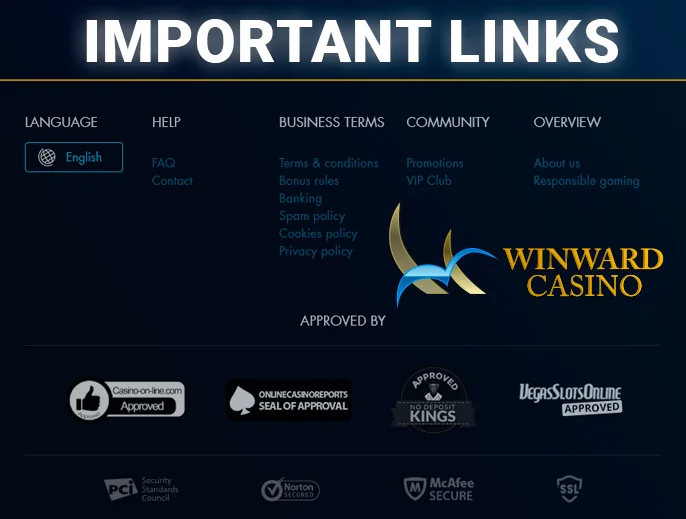 Final touches on Winward Casino's page with key links and languages