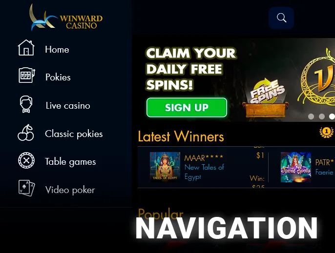 A streamlined layout houses Winward Casino's primary navigation menu.