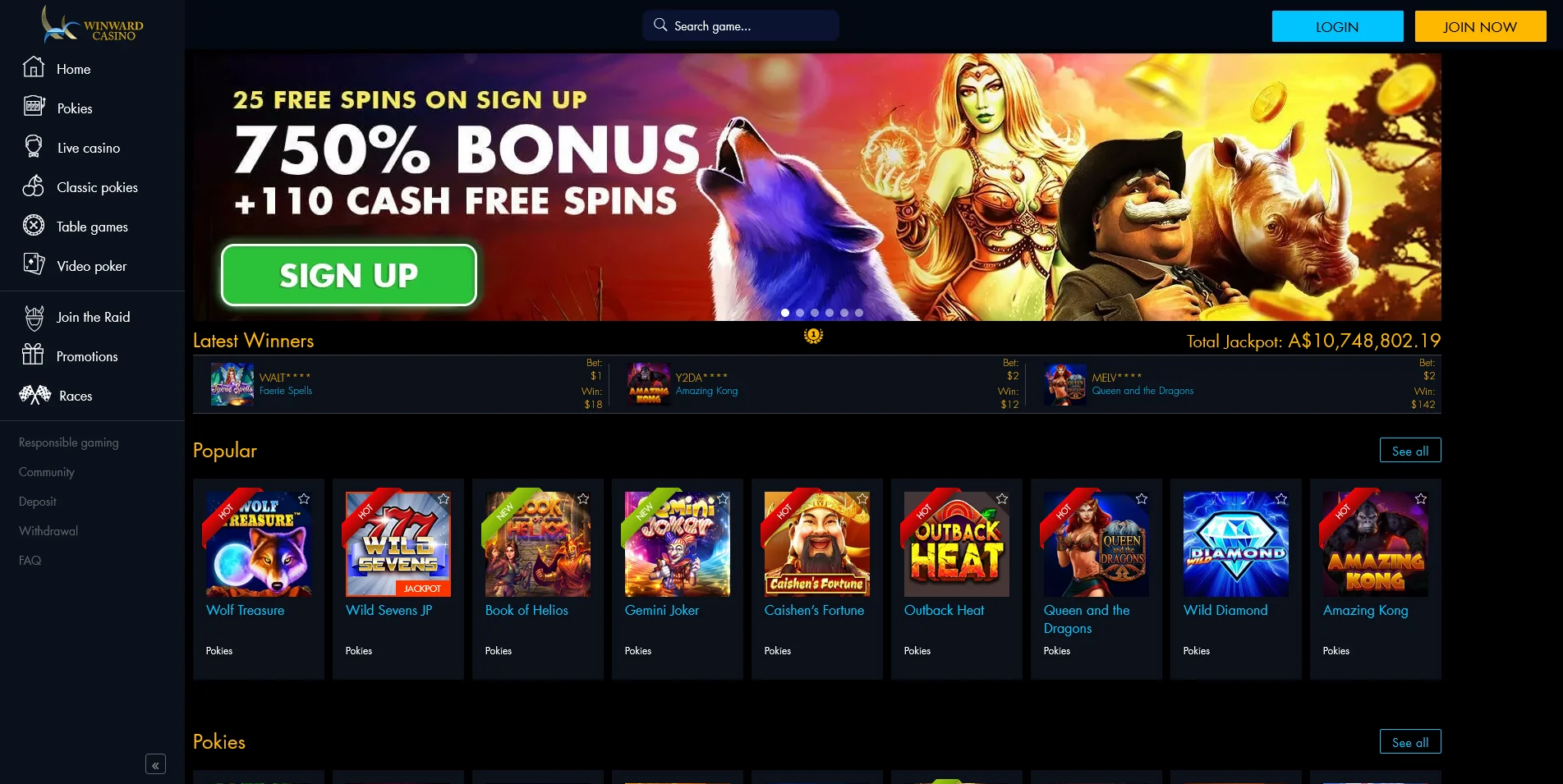Snapshot of the Main Page at Winward Casino