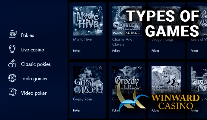 The side menu on the Winward Casino site showcases categories of gambling games and a special pokies section.
