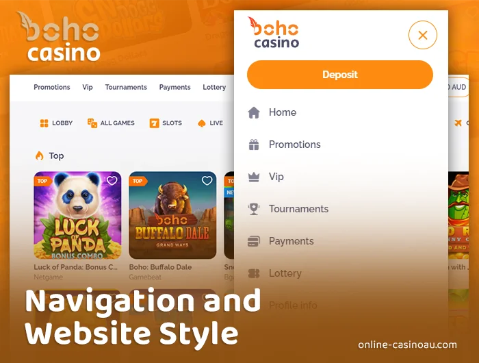 Explaining the navigation setup at Boho Casino