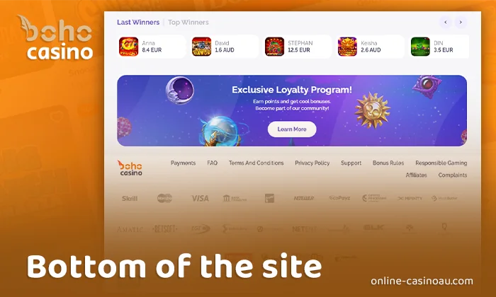 About Boho Casino's online footer features