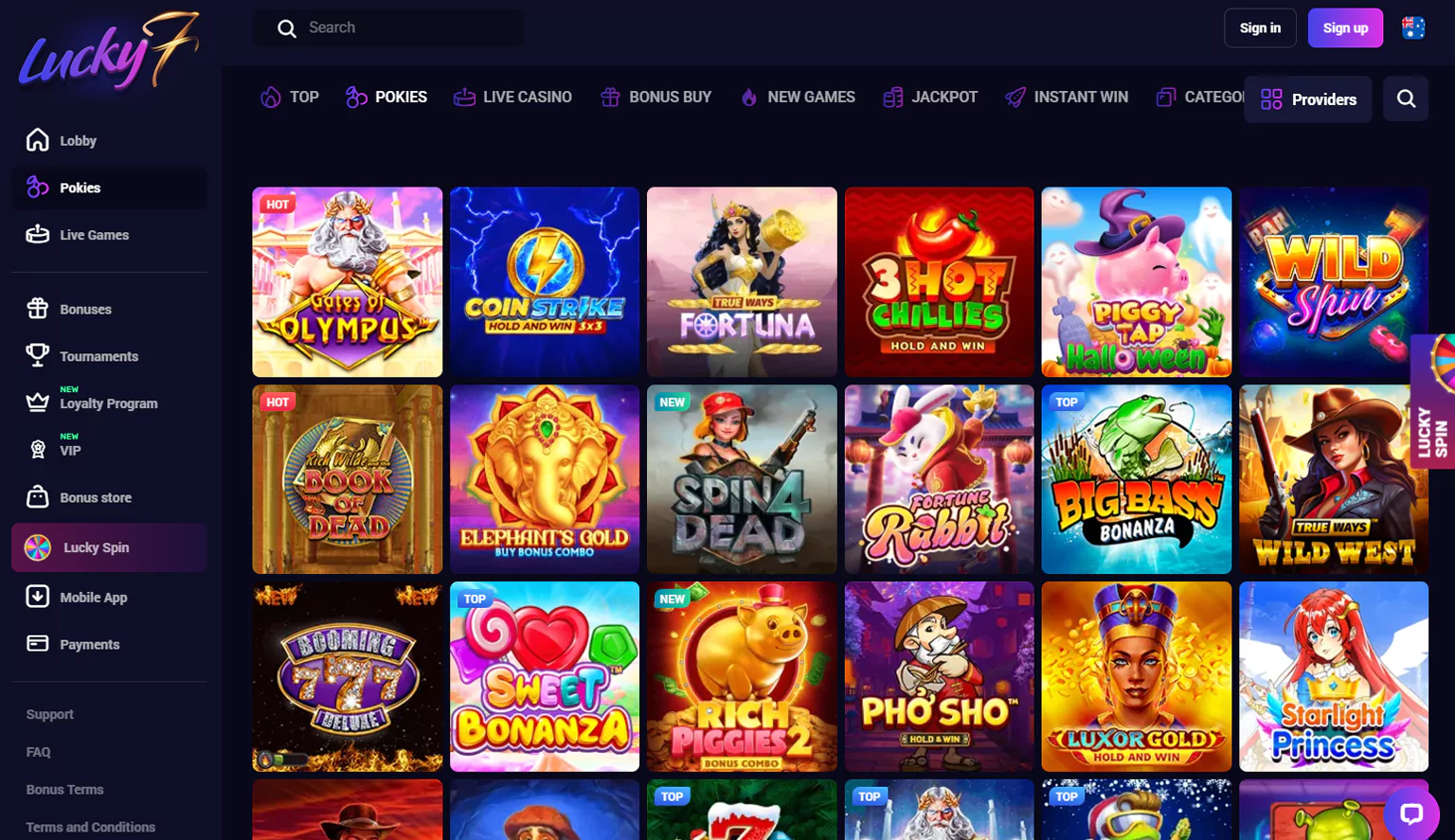 Explore the real money casino section on Lucky7even's website