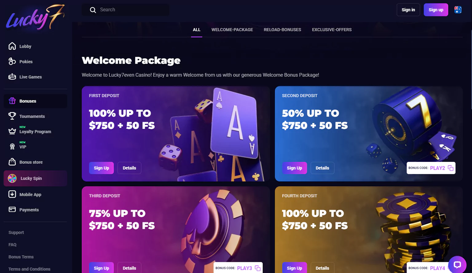 Discover the bonus offers page screenshot at Lucky7even Casino
