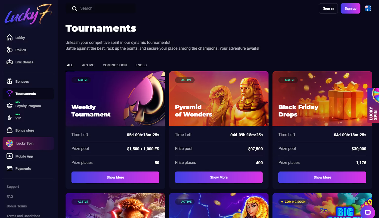 Experience tournament excitement at Lucky7even Casino - screenshot