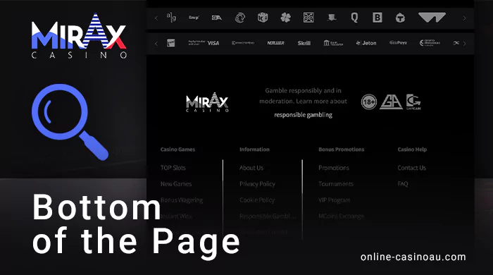 Footer - essential Mirax casino website links