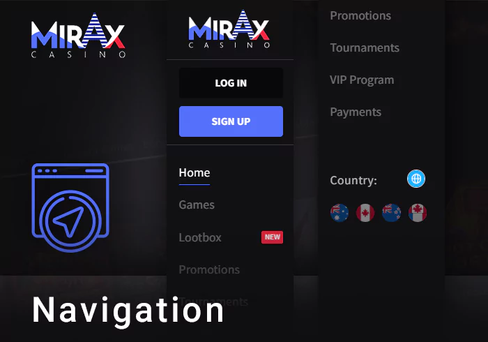 Main navigation guide at Mirax Casino