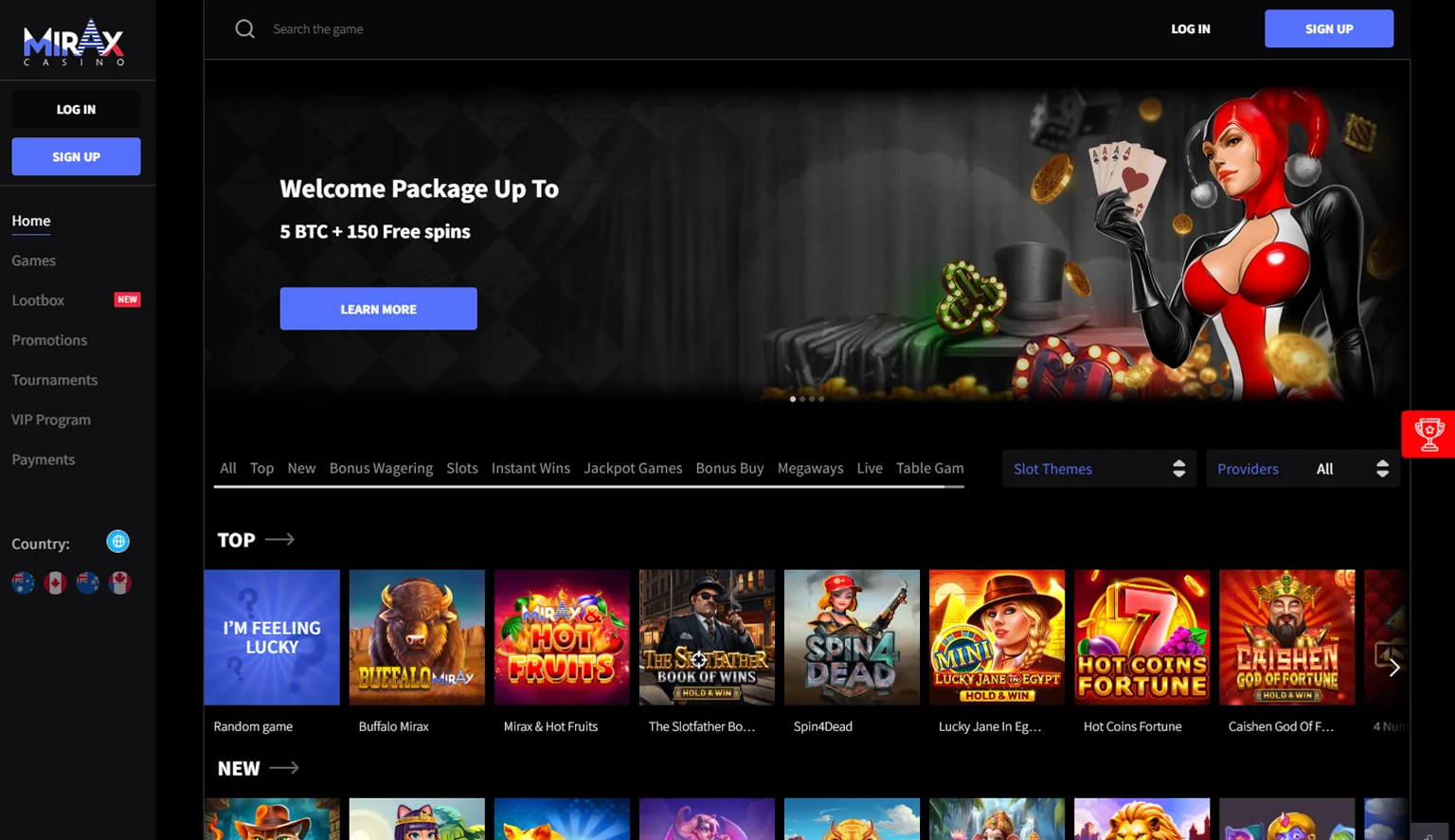 A glimpse of the Mirax Casino homepage