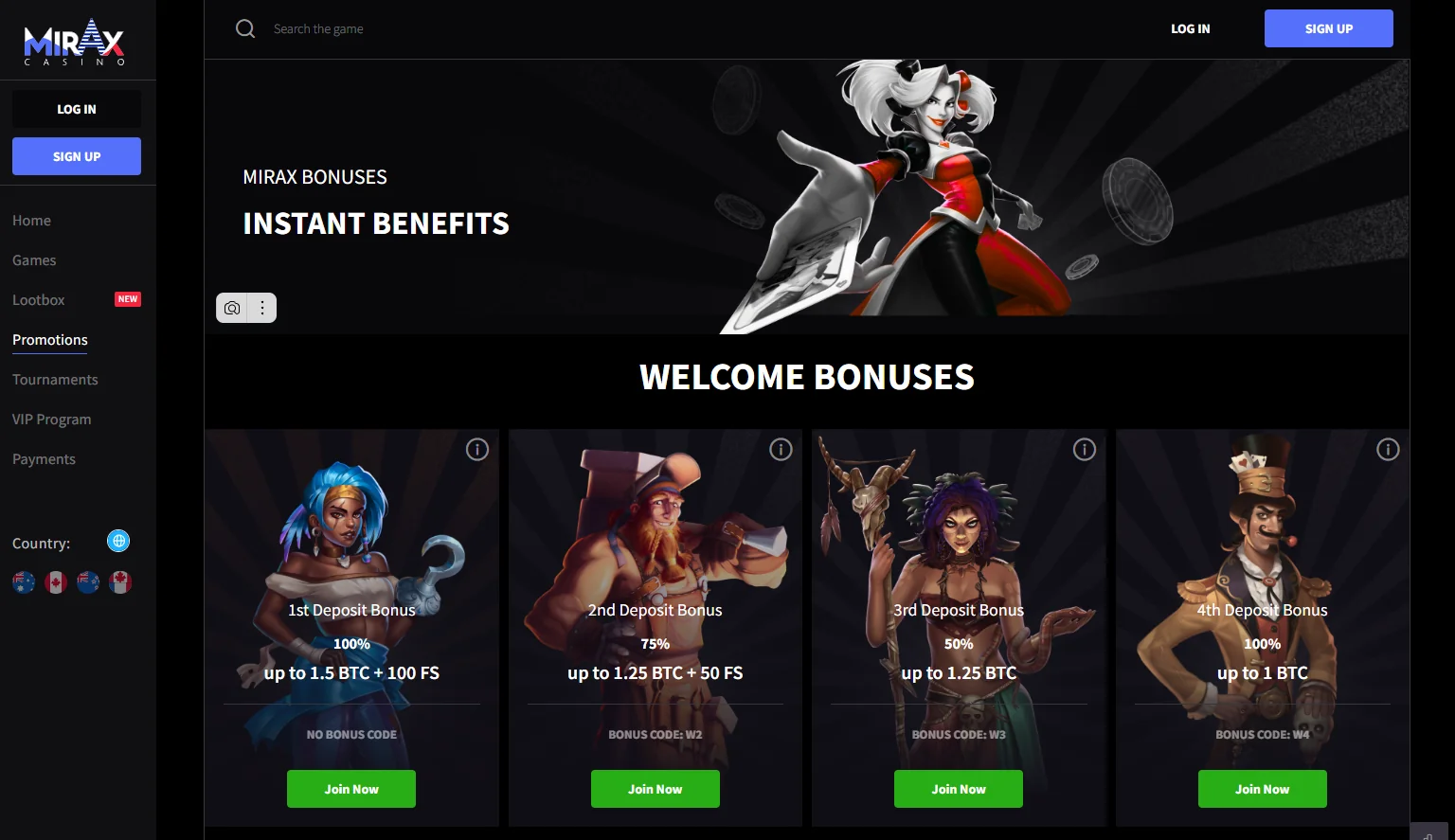 A view of the Mirax Casino bonus offers page