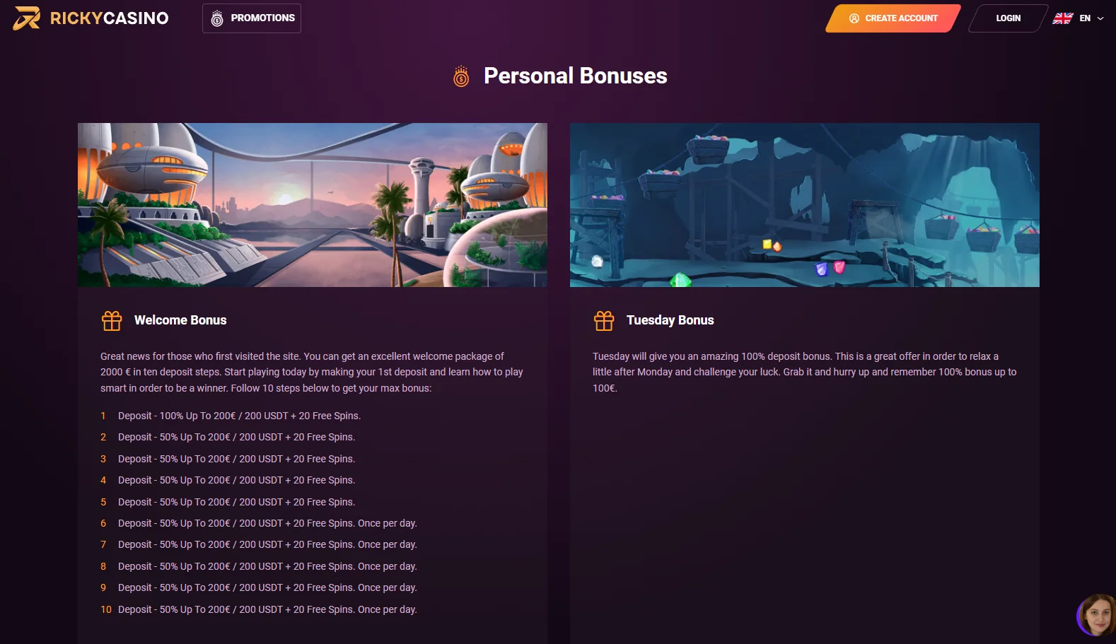 A sneak peek into Ricky Casino's payments informational section.