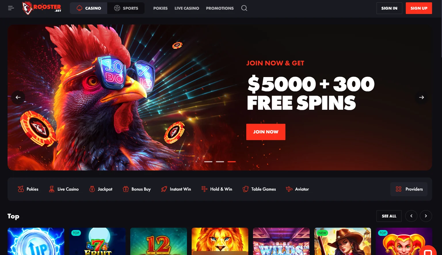 Rooster Bet online casino home page