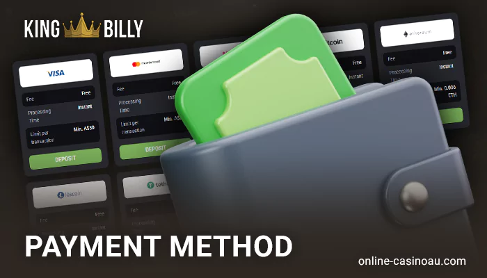 Methods for AUD transactions at King Billy Casino.