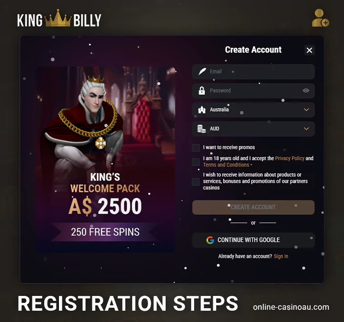 Setting up a new profile with King Billy Casino