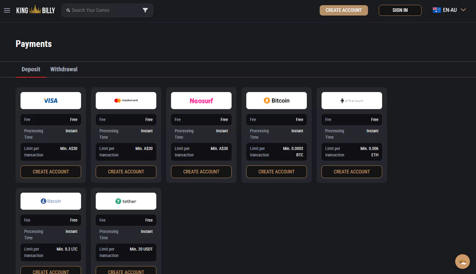 Browse through the payment options available at King Billy Casino.