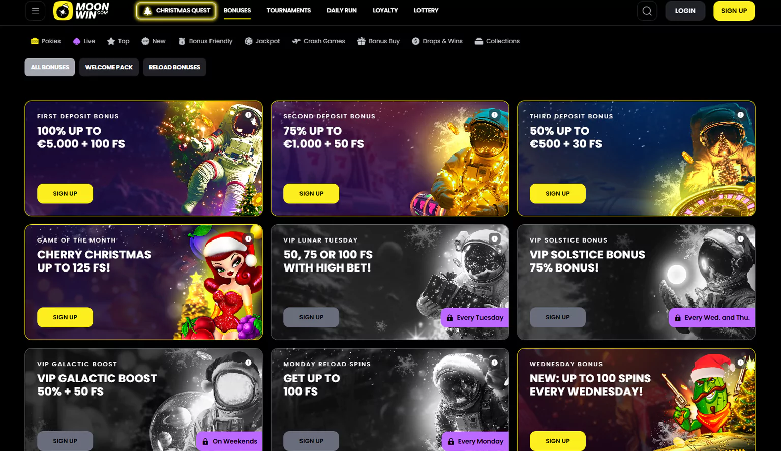 A peek into the real money games section at Moonwin Casino.