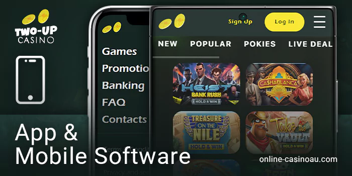 Access Two Up Casino on mobile devices like iPhones and Androids.