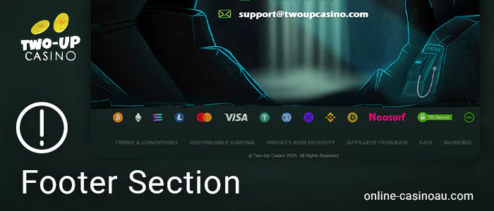 The bottom section of Two Up Casino’s site with essential links