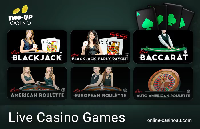 Dive into live gaming at Two Up Casino, offering a variety of games such as baccarat and blackjack.