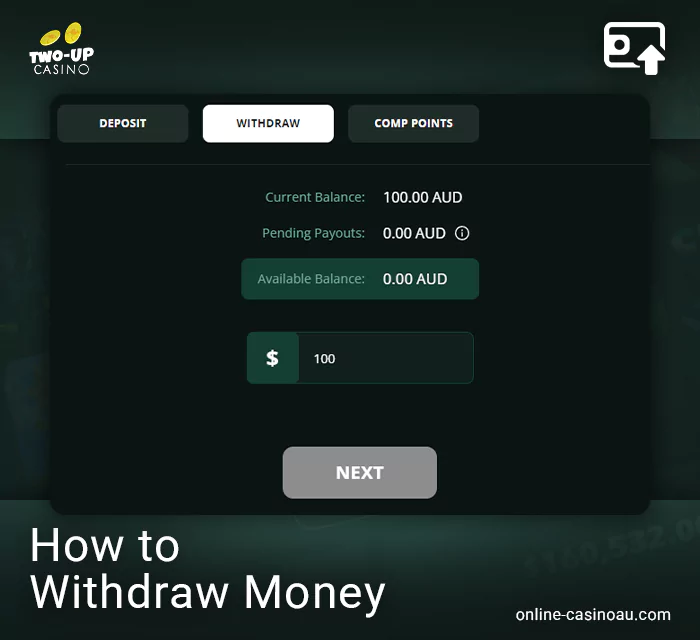 Instructions on how to withdraw funds from Two Up Casino.