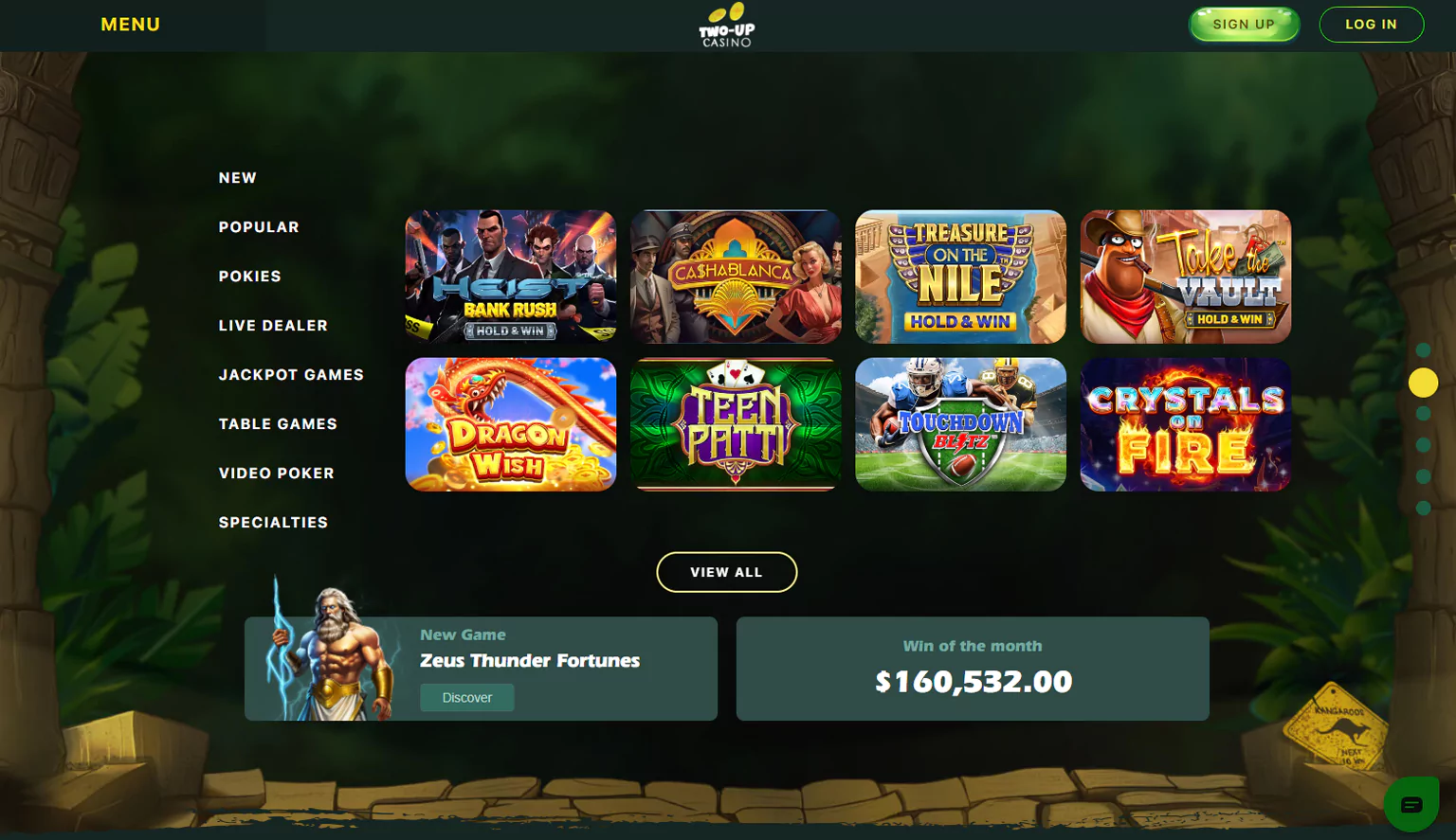 Peek at Two Up Casino's online lobby