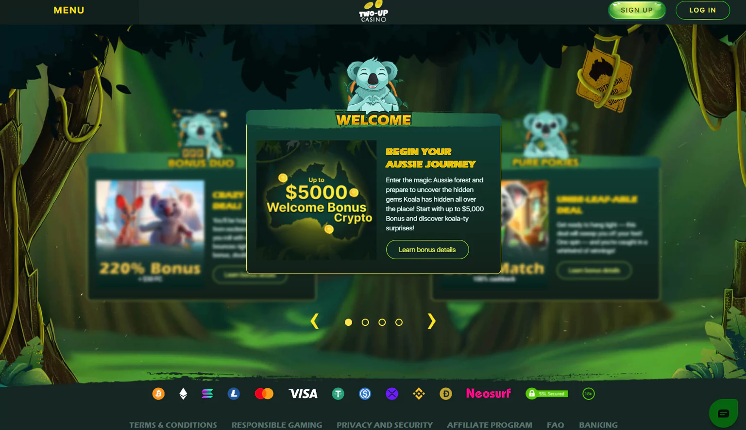 View of Two Up Casino's promotional offers page