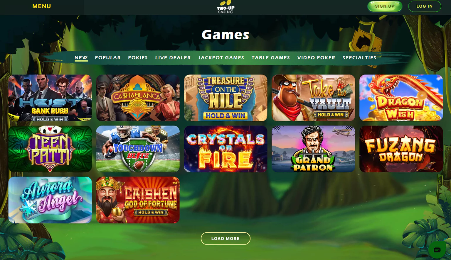 Imagery of the games selection at Two Up Casino