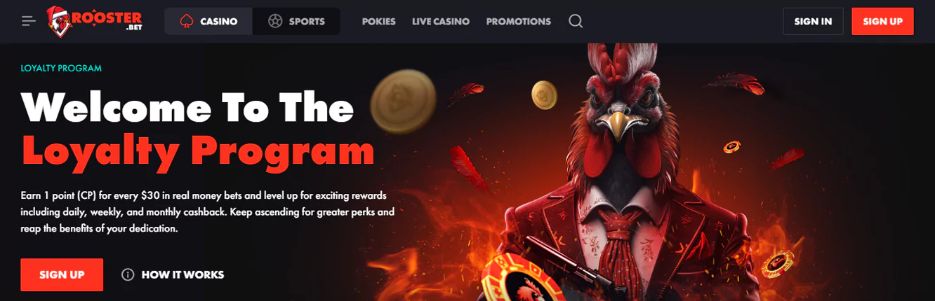 Details on Rooster Bet Casino's loyalty program for Australians