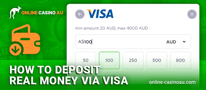 Step 1: Choose a trusted online casino that supports Visa as a payment method. Ensure it has a valid license, AUD backing, and glowing player testimonials.