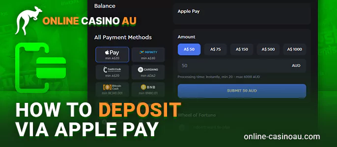 Access the cashier or banking section of the casino. Spot the deposit options and select Apple Pay as your chosen payment method.