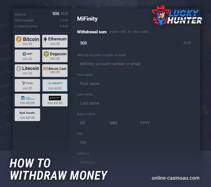 The central part of the main page showcases a promotional banner highlighting current signup bonuses and the most popular games across various categories. In the footer, several menus provide more information about Lucky Hunter, the selection of payment tools, and licensing specifics.