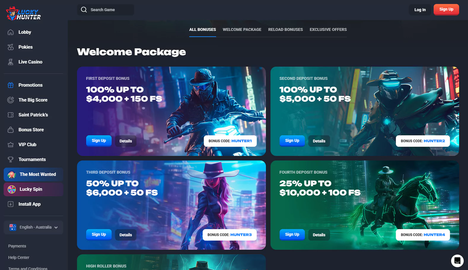 Sneak peek at the bonuses galore awaiting Lucky Hunter casino patrons.