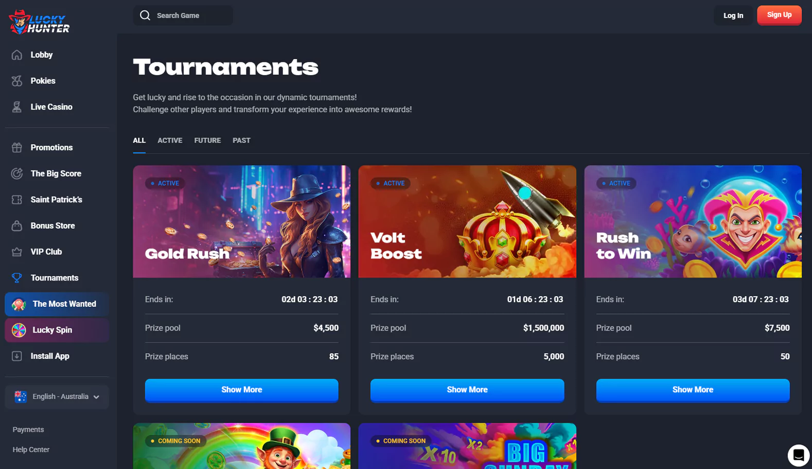 Screenshot showcasing the tournaments page brimming with prizes at Lucky Hunter Casino.