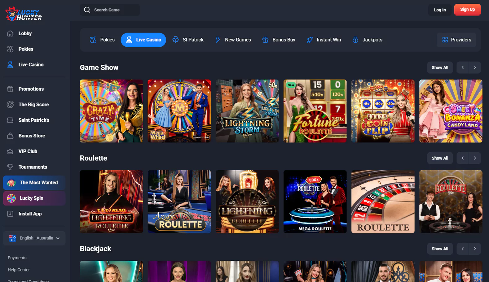 Discover the thrill of live casino games at Lucky Hunter through our screenshots.