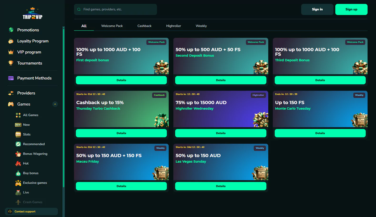 A sneak peek at the exclusive Trip2vip Casino VIP program page