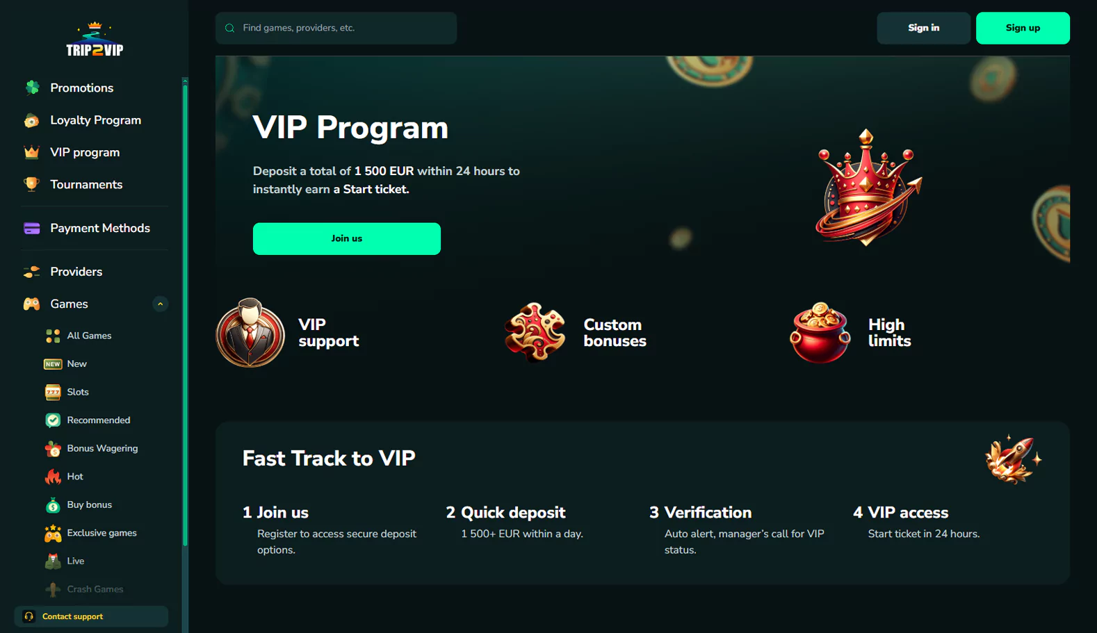 A view of the loyalty program at Trip2vip Casino